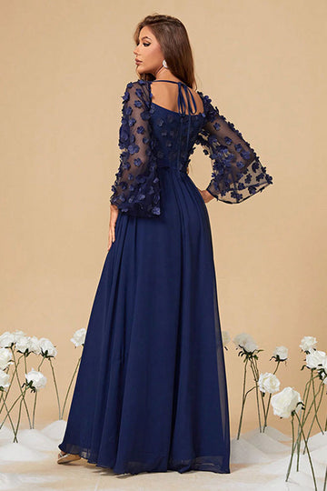Navy Chiffon Blomstret Korset Lang Mor Kjole